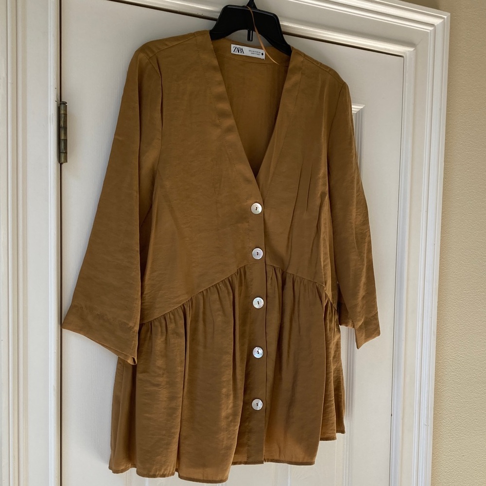 Zara Tan Button-Front Blouse 30 inches long and 20 inches pit to pit